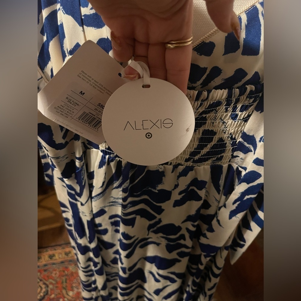 NWT ALEXIS for Target Botanical Tie Strap Asymmetrical Hem Dress Med, Blue/White - Picture 16 of 16